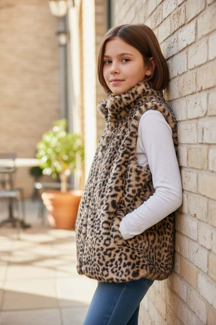 C&C California Girls Leopard Print Faux Fur Zip-Up Vest